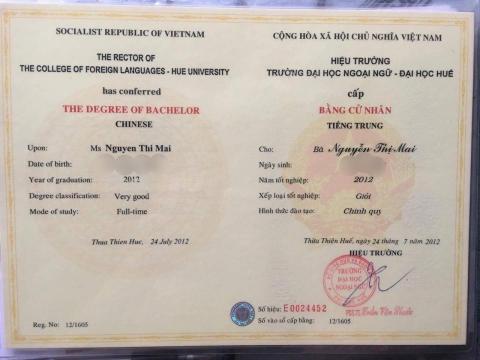 越南語翻譯-阮氏梅 - 順化外國語大學（越南）中文系本科畢業