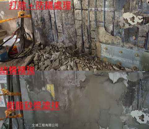 全境工程 - 結構補強(打除+鋼筋防鏽處理+批補高強度樹酯砂漿)
