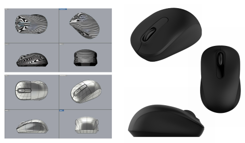 林建銘 - 使用Rhino從2D圖像轉換到3D實體的範例，此曲面以高階曲面為標準去建製，圖為Microsoft 3600滑鼠 模仿建制的範例