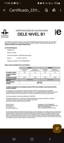 郁婷Tina - 西班牙語B1檢定證書