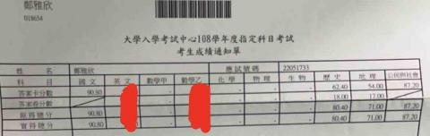 鄭雅欣 - 指考成績（即分科測驗，惟當時仍須考國英數）