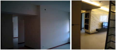 吉企空間規劃 - 利用客廳延伸大理石牆面包覆無利用空間牆面規劃造型展示櫃，美化走道空間。