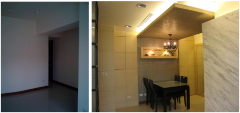 吉企空間規劃 - 餐廳空間的大樑，利用造型天花板的延伸與客廳大理石牆面相呼應，覆蓋了原有的壓樑問題，
並於餐廳壁面規劃隱藏室收納功能。