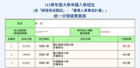 鄭庭 - 111年應屆錄取國立陽明交通大學牙醫學系