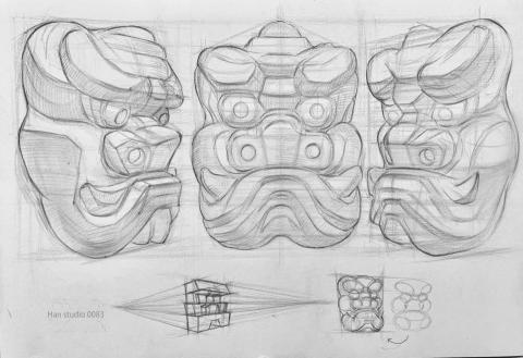 Han studio  邱柏翰 - 面具結構介紹，透過觀察我們把複雜形狀簡化成幾何形，透過有序的方法能更簡單畫出想要的造形
