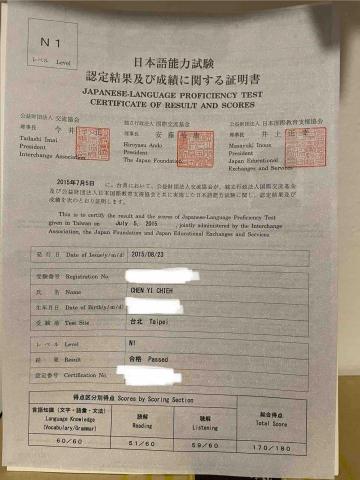 陳怡杰 - 日檢一級170分