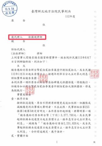 徐國硯律師 - 法院原先不採信當事人的說詞，後來經過徐律師改變訴訟策略，最終獲得全部勝訴，原告獲得新臺幣兩百二十三萬元之賠償金！