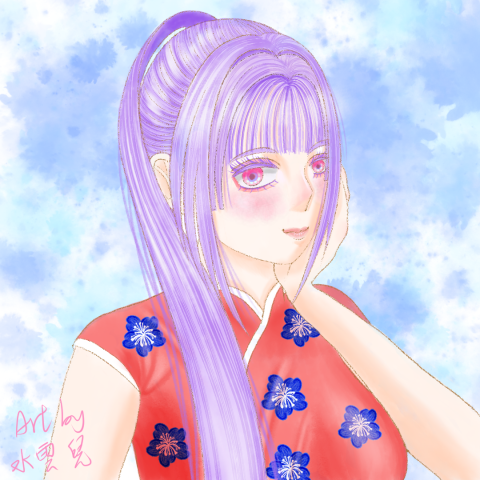 水雲兒 - 顏色上大膽使用華國美學特色，服裝設計以台灣國旗為概念，創作出藍色梅花點綴其上。