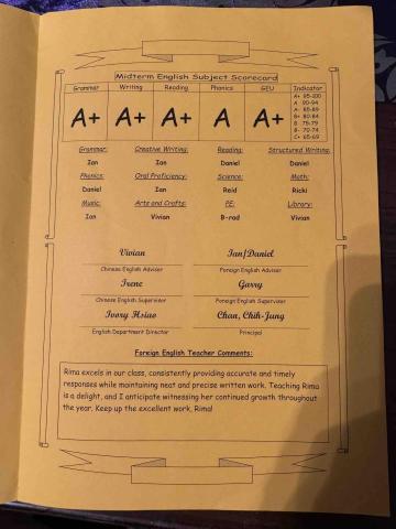 陳誼倫 - 育仁英文成績單