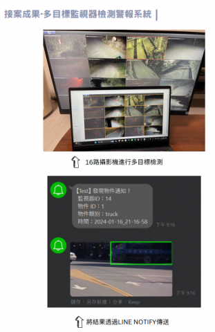 駱泳誌 - 多目標監視器警報系統：
由於案主原本的監視器撥放程式不支援圖傳的相關API，因此使用螢幕截圖的方式來進行同時16路的目標檢測，當有目標出現時會通知對應管理員。