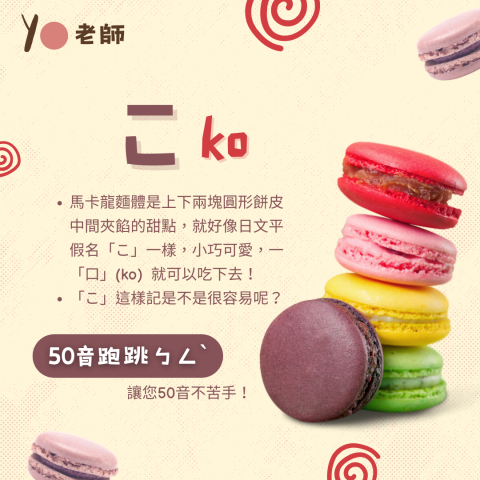 ⭕️YO老師！👍✨會話、聽力、文法一次解決 - 【50音跑跳ㄅㄥˋ】
​
★在50音教學中，我會帶您認識日文、記憶口訣及拼音技巧。

★上課對象：小三起至社會人士，對50音苦手者，非漢字圈國家的外國人也上手！

★教材：
- 自編教材

★線上個人課：
- 1堂約1小時
- 零基礎起，每堂$400
​
★進度表：
- 依學員意願及學習狀況而定
- 13課/約10堂