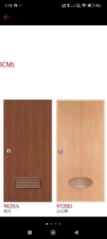 HCL裝修工程 - 貼木紋皮塑鋼門下有百頁通風片、搭配（喇叭鎖、水平鎖、一般蝴蝶鉸鍊或旗型鉸鍊）