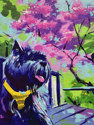 尚騰 - 壓克力畫-快樂狗狗與櫻花
