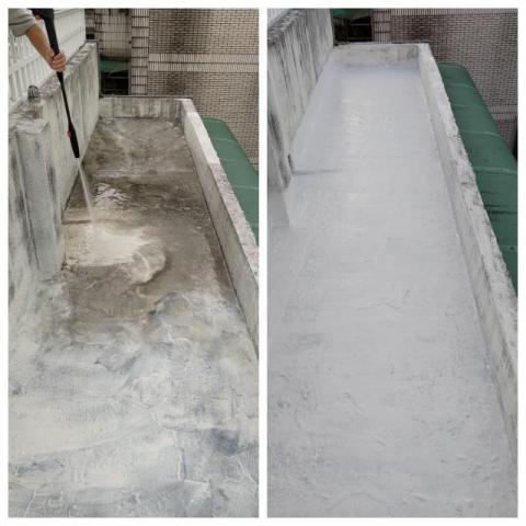 欣暘防水 - 頂樓排水孔附近防水層老舊，高壓水柱清洗後，防水層重新施作，邊角加上不織布加強防水層。