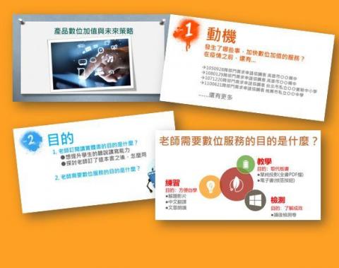 胡小姐-PPT簡報製作 - 當消費者的需求已經不只紙本產品，還需求數位服務，公司該怎麼在既有產品的架構之中導入數位服務？這份簡報從消費者的動機和使用目的，到探討公司如何實際執行以滿足消費者，是一份簡潔扼要的簡報。