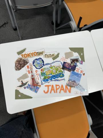 江玉如 - 曾就讀國中美術班，能設計教材陪玩，照片為課程設計的雜誌拼貼，用各種媒材和畫筆的作品