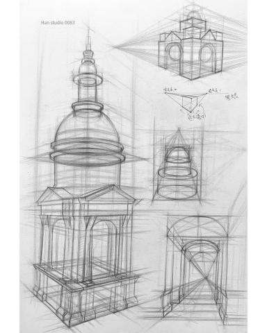 Han studio  邱柏翰 - 教堂透視習作，認識方形跟圓形透視相互配合，讓我們除了畫形狀還能理解其中的結構。

如果你想學習畫圖的背後知識歡迎洽詢課程，學習知識與畫畫背後思考能讓我的畫更有脈絡喔。