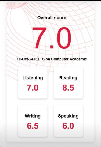 專業英文家教 - 113年10月國立大學畢業生考取雅思7.0電腦線上成績，多家美國大學研究所申請通過