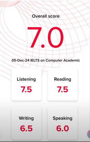 專業英文家教 - 113年12月國立大學畢業生考取雅思7.0電腦線上成績，多家美國大學研究所申請通過