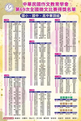楊老師 - 2024 中華民國作文教育學會 
第69次全國徵文比賽得獎名單