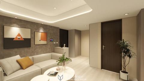 棫城空間設計 - 郡都大樓，入口櫃體根據業主需求設置，也剛好修飾電箱位置，方便未來檢修。這間格局不錯，唯一缺點就是大樑在正中間，高度差不多240公分，使得影響整體天花板的高度。