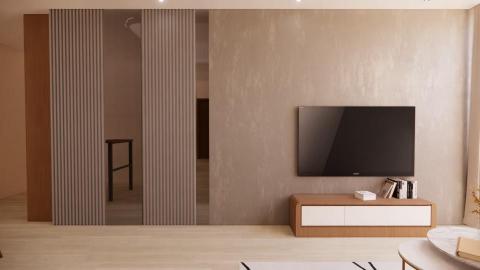 棫城空間設計 - 文華帝寶3房格局，電視牆是客廳的主軸，運用格柵及清水模延伸視覺，讓空間看起來更寬闊。