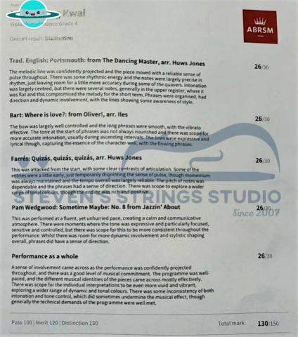 Steven's Strings Studio 典範弦藝 -  學生成績 - ABRSM Grade4 Violin DISTINCTION