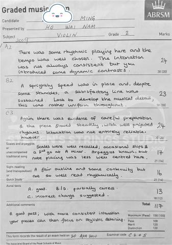 Steven's Strings Studio 典範弦藝 -  學生成績 - ABRSM Grade2 Violin (2010)