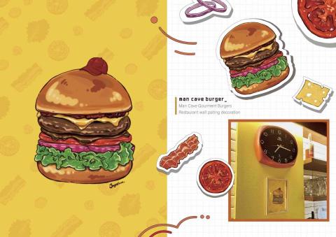 Cherry Land Art Studio 插畫/平面設計 - Man Cave Burger 餐廳裝飾插畫
Man Cave Burger 是一家位於台北市的漢堡餐廳，氛圍明亮活潑，帶有美式復古風格。店內擺設有一些漢堡公仔等美式風格的裝飾品。作為餐廳裝潢的一部分，我創作了這幅帶有紅色帽子（這是店家Logo的一部分）的漢堡插畫，插畫裝裱在木框內，懸掛於起司黃色的牆上。