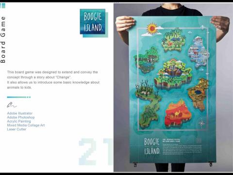 Cherry Land Art Studio 插畫/平面設計 - Boogie Island
這款桌遊講述了住在 Boogie 島上動物們的冒險故事，希望透過這個故事傳遞出關於「改變」的真諦，同時也讓小朋友在遊戲中輕鬆學習有趣的動物知識。
我主要負責設計發想遊戲主題概念、規則與繪製設計遊戲元素。
並進行多項測試與調整，最終完成了這款桌遊。