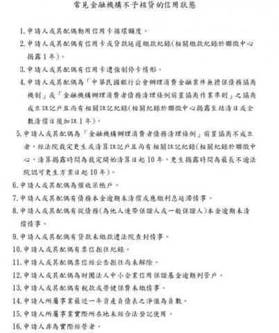 創業貸款顧問 - 常見金融機構不于核貸的信用狀態