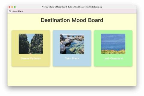 Yu Steven - 這是一個使用 React 編寫的專案，展示了一個「Destination Mood Board」的網頁範例，包含不同場景的圖片和描述，例如「Serene Pathway」、「Calm Shore」以及「Lush Grassland」。