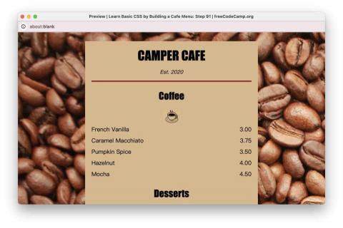 Yu Steven - 這是使用基本 CSS 技術設計的咖啡廳菜單範例，展示了如何透過樣式表優化網頁的文字排版與視覺效果。該專案源自 freeCodeCamp 的課程，內容涵蓋了基礎排版、背景設計和元素對齊等核心技能，並模擬真實的咖啡廳菜單。