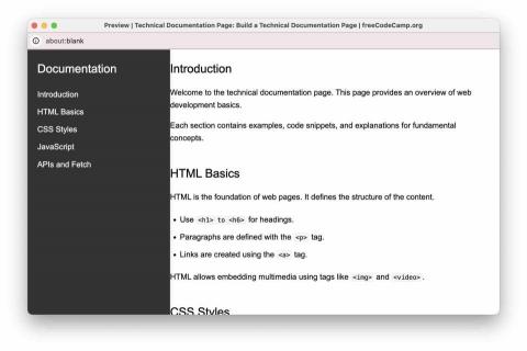 Yu Steven - 這是一個技術文件頁面範例，展示了網頁開發的基礎知識，包括 HTML、CSS 和 JavaScript 的基本用法。該專案來自 freeCodeCamp 的課程，涵蓋了導航設計、代碼示例和技術概念的詳細解釋，有助於學習者系統化地掌握網頁開發技能。