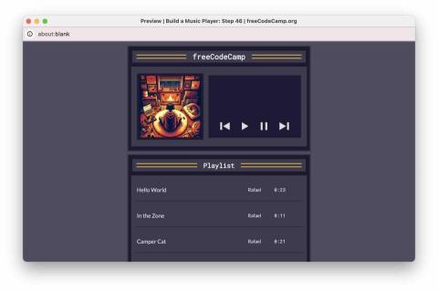 Yu Steven - 這是一個音樂播放器的設計範例，界面包含專輯封面、播放控制按鈕，以及播放清單，顯示了歌曲名稱、作者和時長資訊，呈現出簡潔直觀的音樂管理功能。