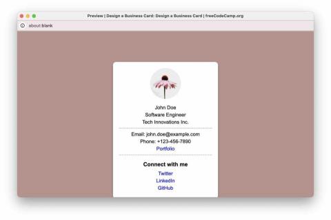 Yu Steven - 這是一個商務名片設計範例，展示了個人基本資訊，包括姓名（John Doe）、職位（軟體工程師）、公司名稱（Tech Innovations Inc.）、電子郵件地址（john.doe@example.com）、電話號碼，以及相關的社交媒體連結（Twitter、LinkedIn、GitHub）和作品集入口。整體設計簡約，背景為柔和的棕色，突顯名片的專業性與清晰度。