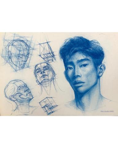 Han studio  邱柏翰 - 頭像結構分析
透過方形可以幫助我們找到頭部轉動後的比例位置