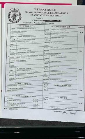 陳老師鋼琴教學｜伴奏 - 學生參加檢定獲得特優成績