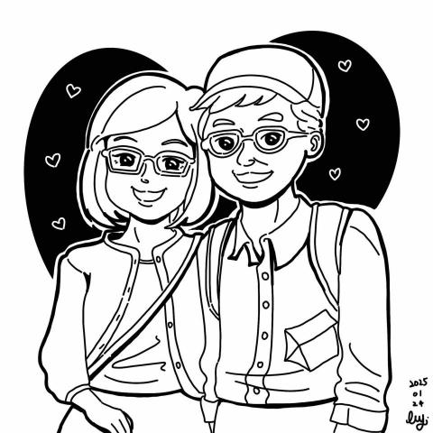 伶果插畫坊 - 黑白肖像畫-雙人-編號：01