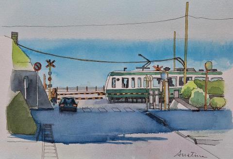 Austine Yang - 湘南鐵道邊，水彩