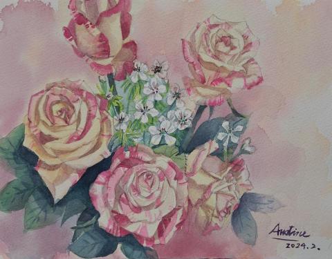 Austine Yang - 玫瑰，水彩