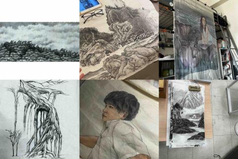 張容瑄 - 水墨山水樹木與工筆