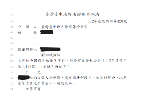 劉珈誠律師 - 當事人開車不甚導致他人死亡，在我的協助下順利取得緩刑，免於牢獄之災。