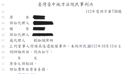 劉珈誠律師 - 主動贈與卻後悔？讓律師保障您的權益。
本件當事人於過往因與原告感情甚篤而曾受贈股權，然而卻於事後遭原告索討，經我協助下順利釐清法律關係，避免遭原告追討受贈之物品