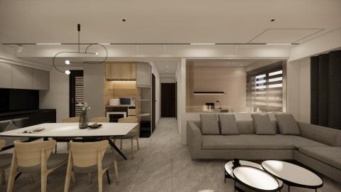 許耘嘉 - 大樓3房 3D渲染 / 採用純白色為整體主軸 點綴局部柔色低飽和度奶茶色及灰色 左乙部分淺色榆木做自然材質的搭配