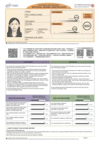 侯晴晴 - 多益900分證書