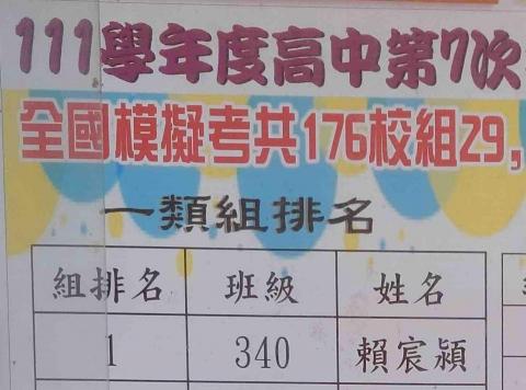 賴宸潁 - 高中全國模擬考得到組排第一