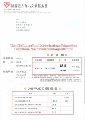 莊家粟 - AMC10數學檢定 成績：非常優良