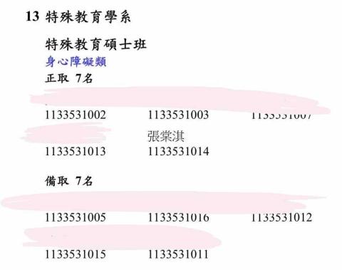 張棠淇 - 高師大特殊教育所錄取證明