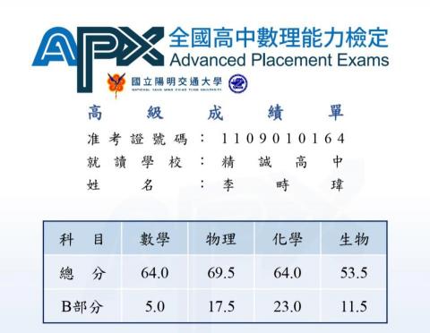 李畤瑋 - APX數理檢定成績單